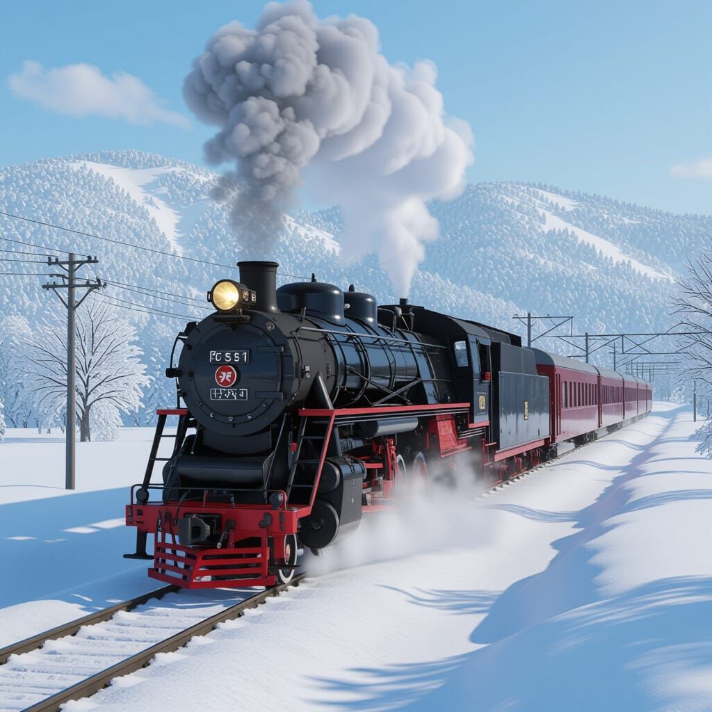 Hyper Realistic Steam Train in Snowy Akita Winter Scenery