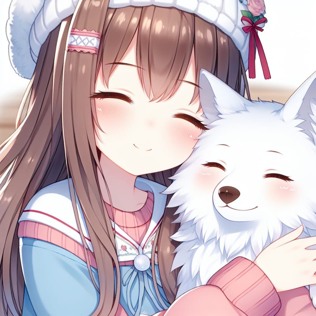 Anime Girl Cuddling White Wolf in Peace