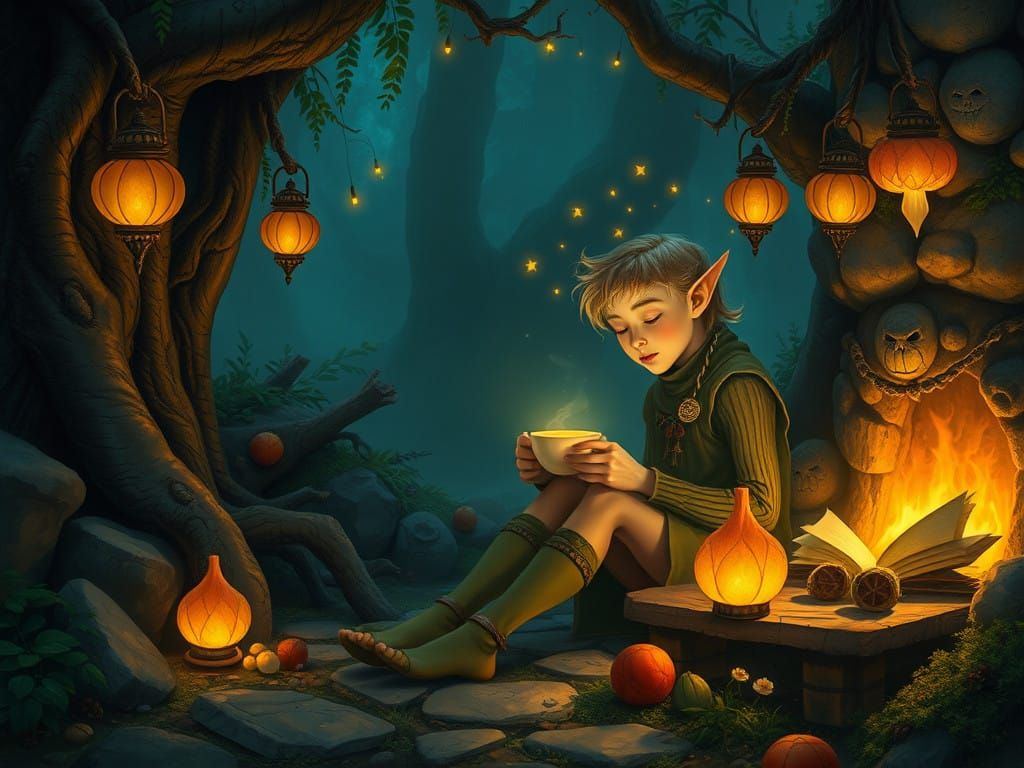 Whimsical Elf Sipping Tea by Golden Firelight in a Lush, Mys...