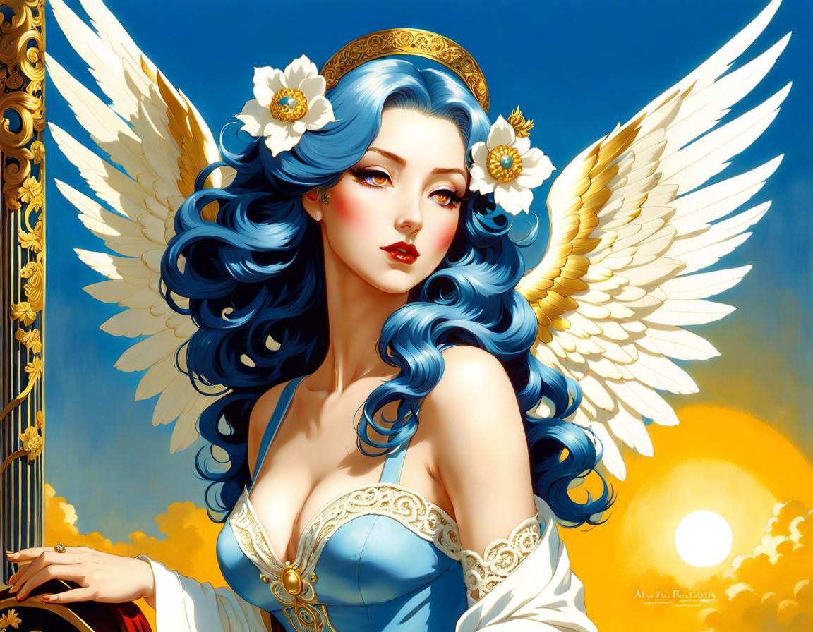Elegant Angel with Blue Hair in Anime Style
