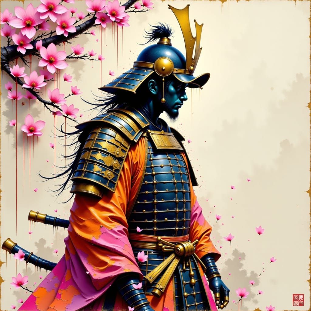 Samurai in Cherry Blossoms: Inksplash Style Artwork