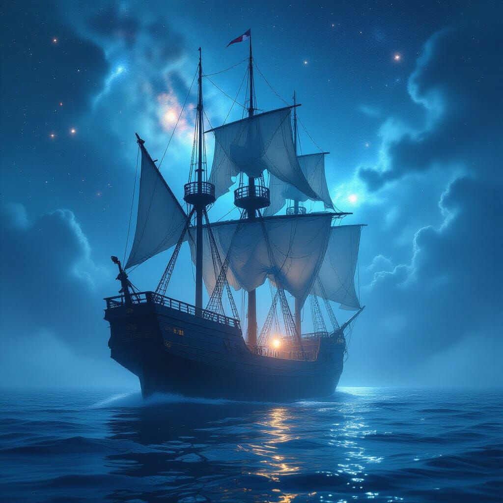Ethereal Ghost Ship Sailing Under a Starry Sky