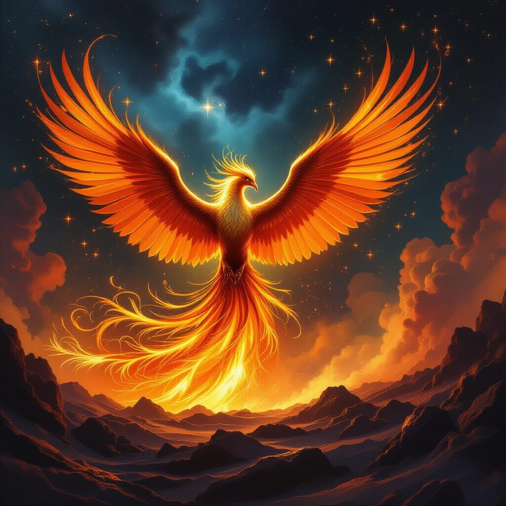 Majestic Phoenix Rises in Molten Gold, Epic Fantasy Art