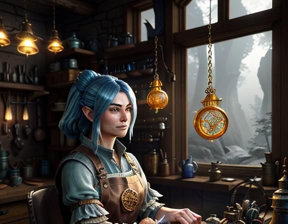 Gnome Repairs Automaton in Misty Cave, Fantasy Art