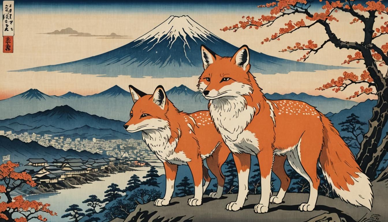 Kitsune Fox Stands Before Mount Fuji: Ukiyo-e Style