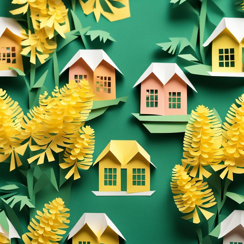 Papercut Mimosa Flowers and House Illustration