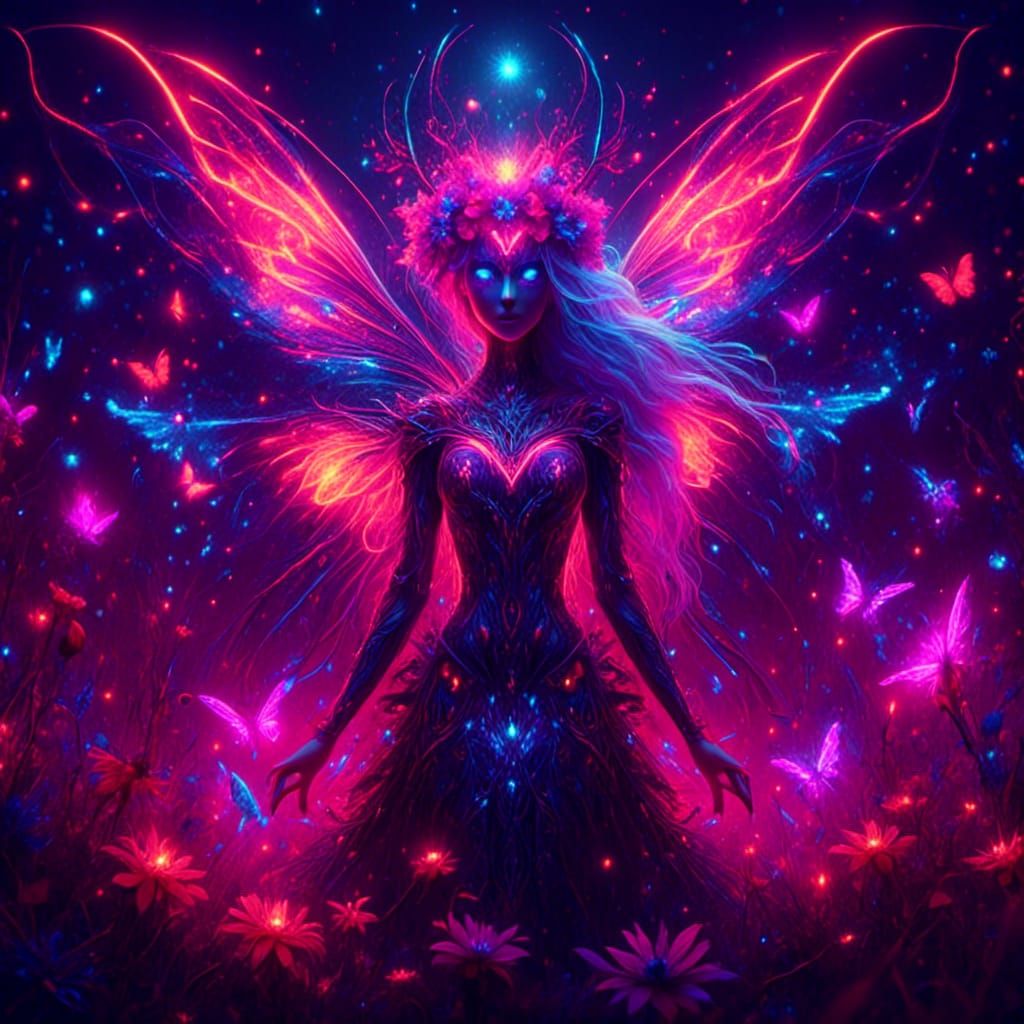 Neon Fairy in Bioluminescent Meadow, Digital Art