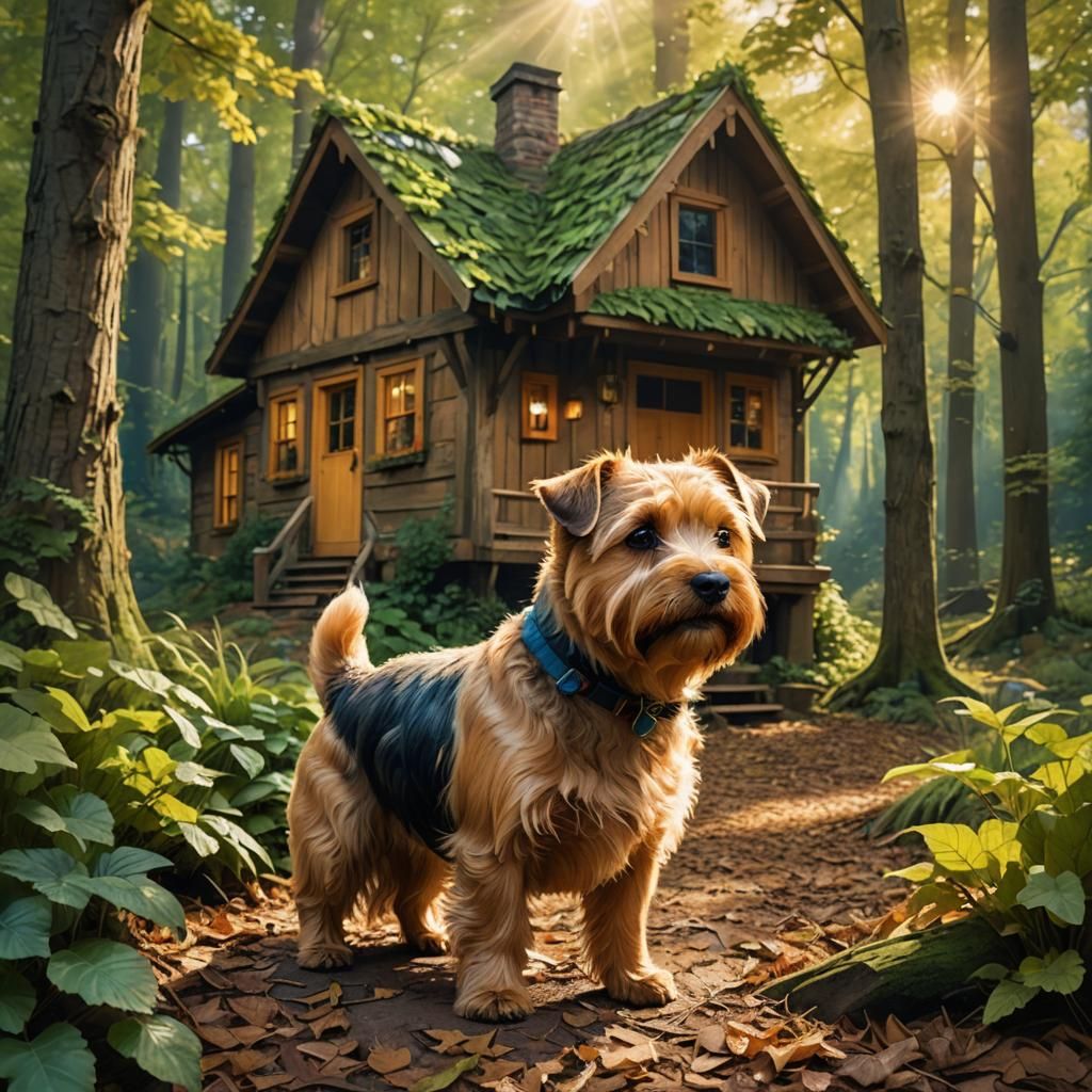 Norfolk Terrier in Woods, Pixar-Inspired Digital Art
