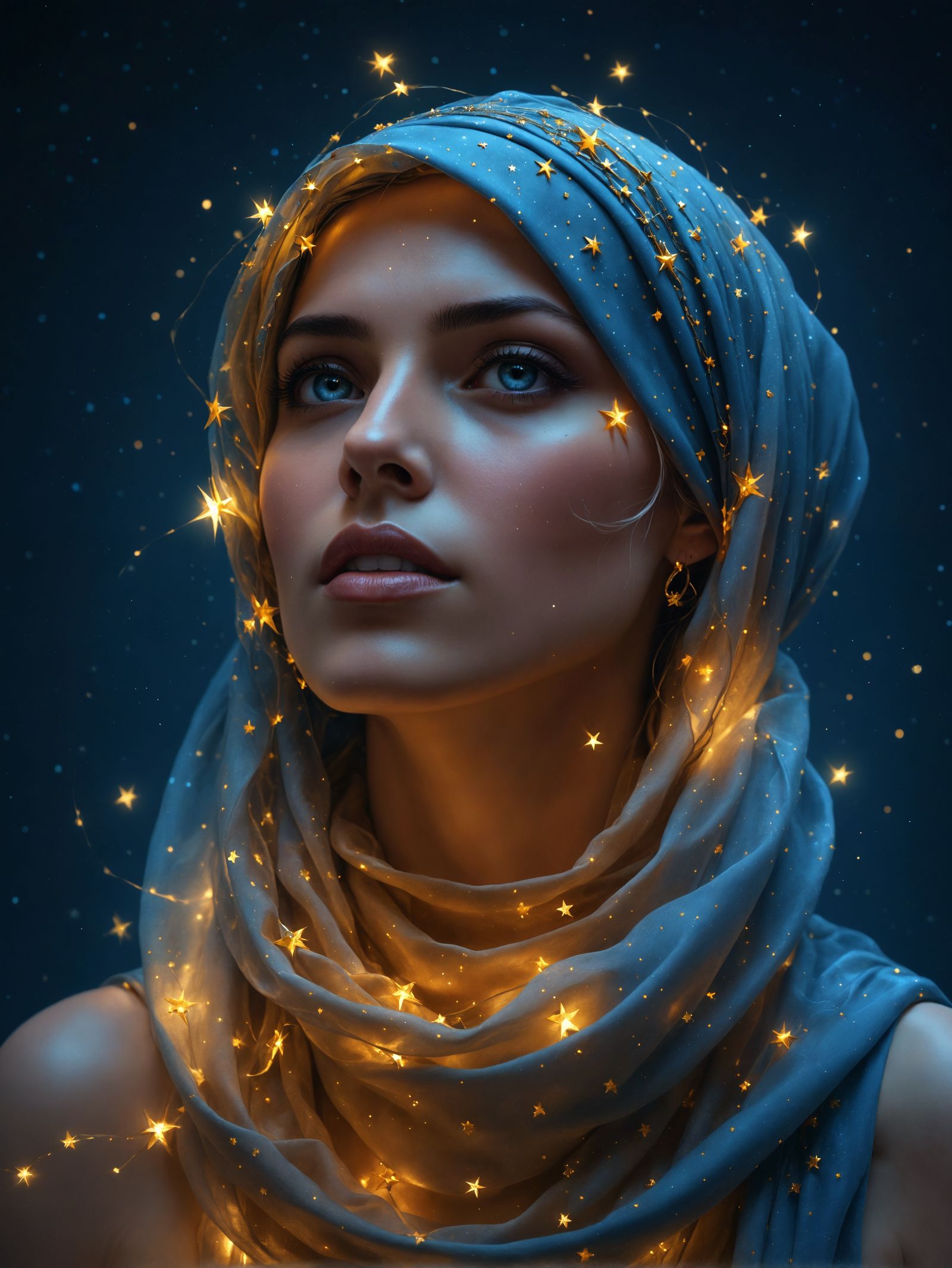 Woman in Starry Headscarf: Hyperrealistic Fantasy Portrait