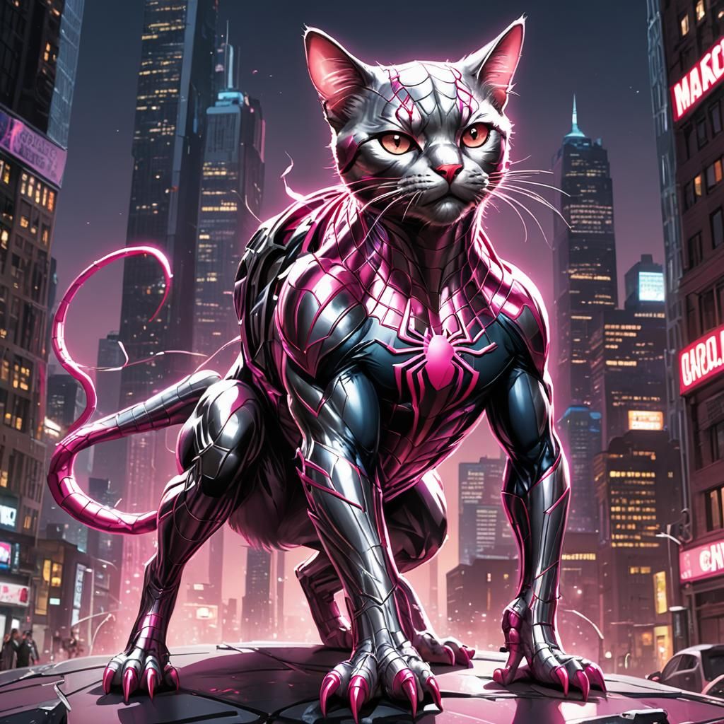 Pink and Silver Spiderman Cat Comic Art