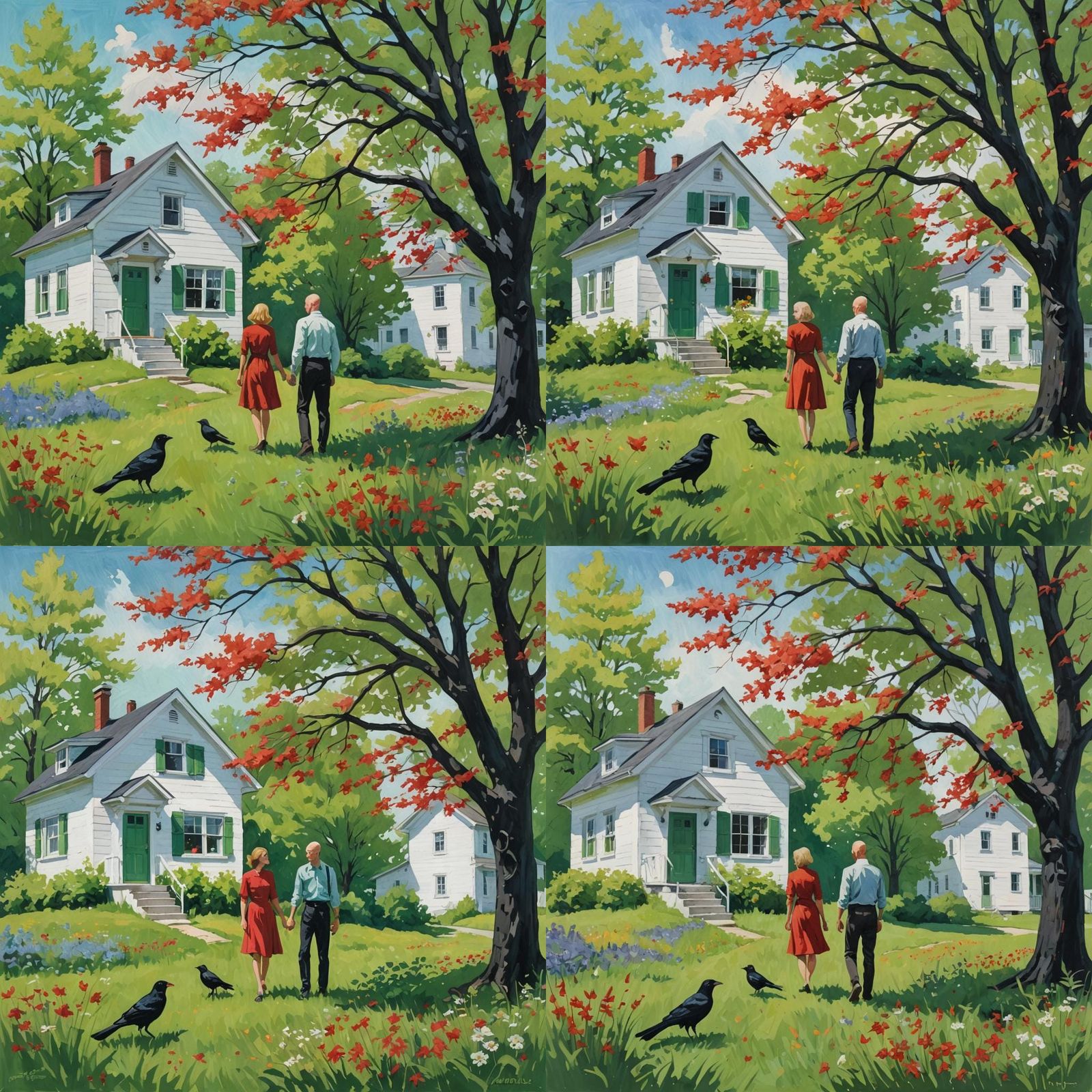 Romantic Gouache Painting of Couple in Impressionist Style