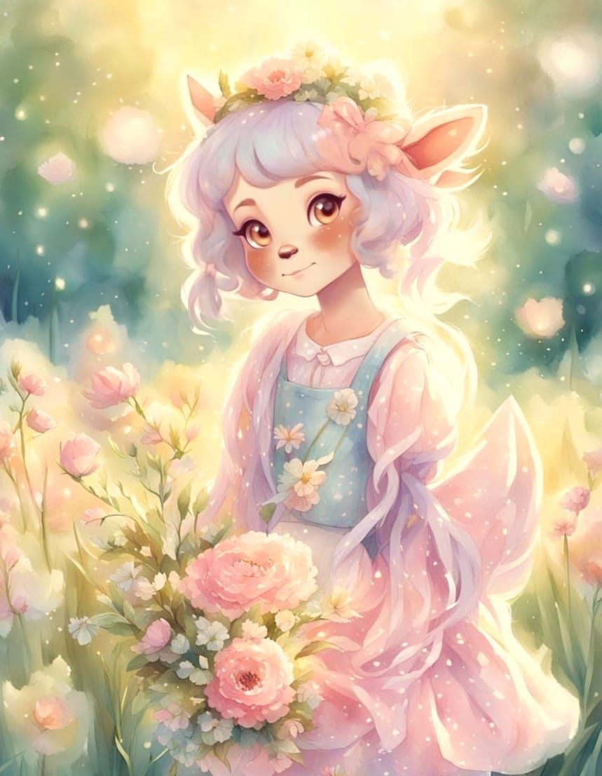 Whimsical Deer Girl in Pastel Anime Style