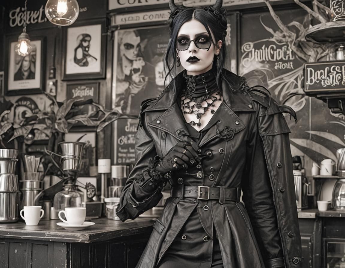 Goth Fashion Model in Coffee Shop