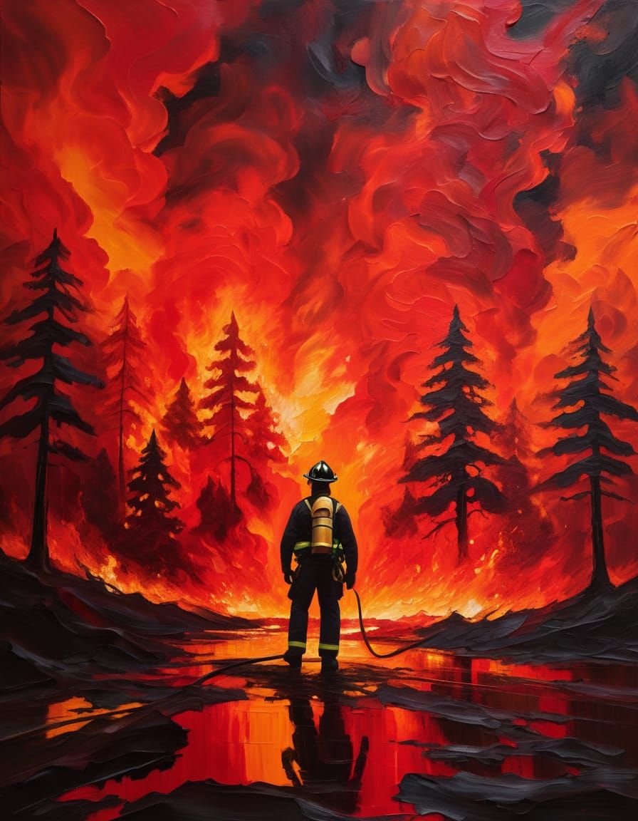 Firefighter Confronts Burning Forest as Impasto Painting