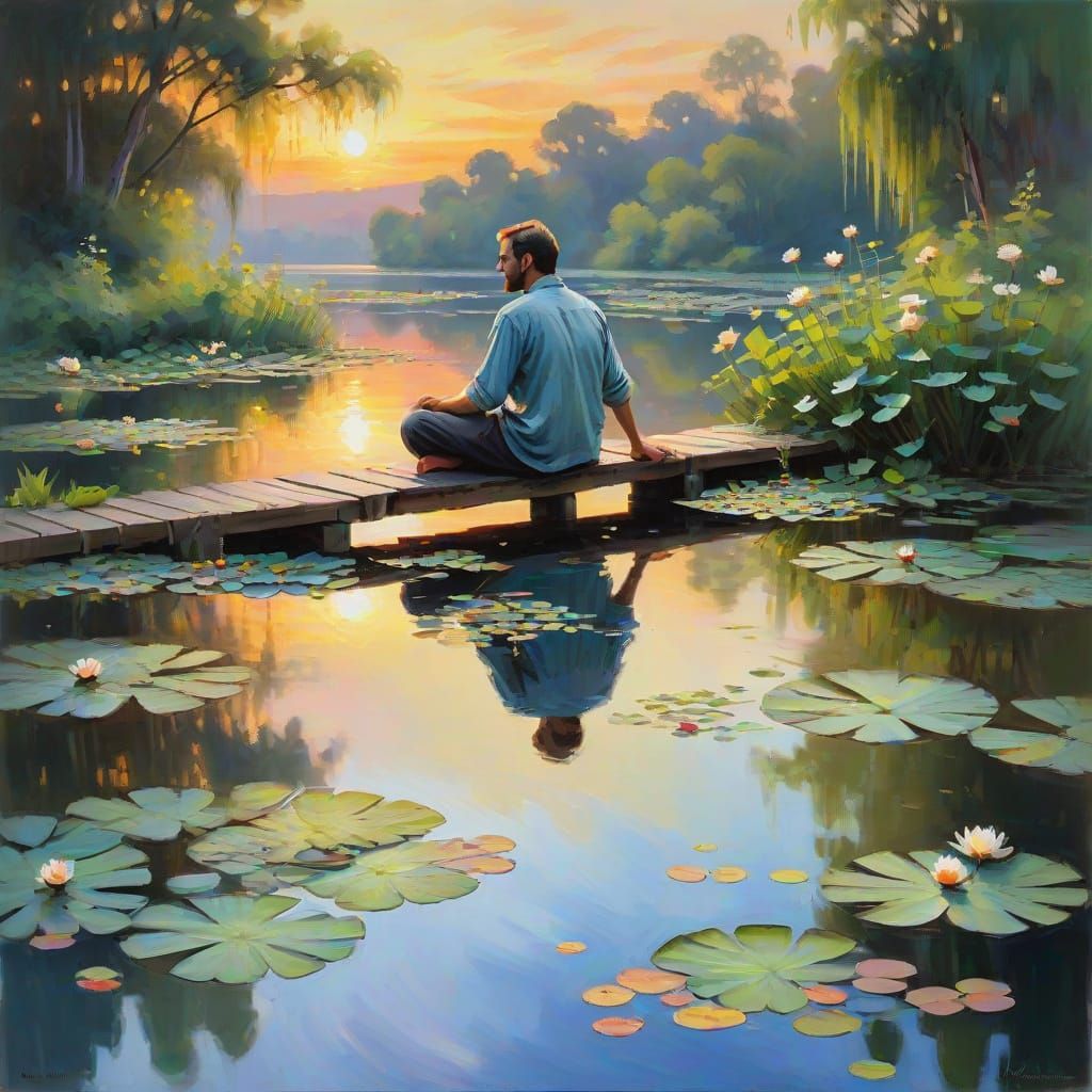 Surreal Impressionist Scene of a Man on a Bridge Over a Sere...