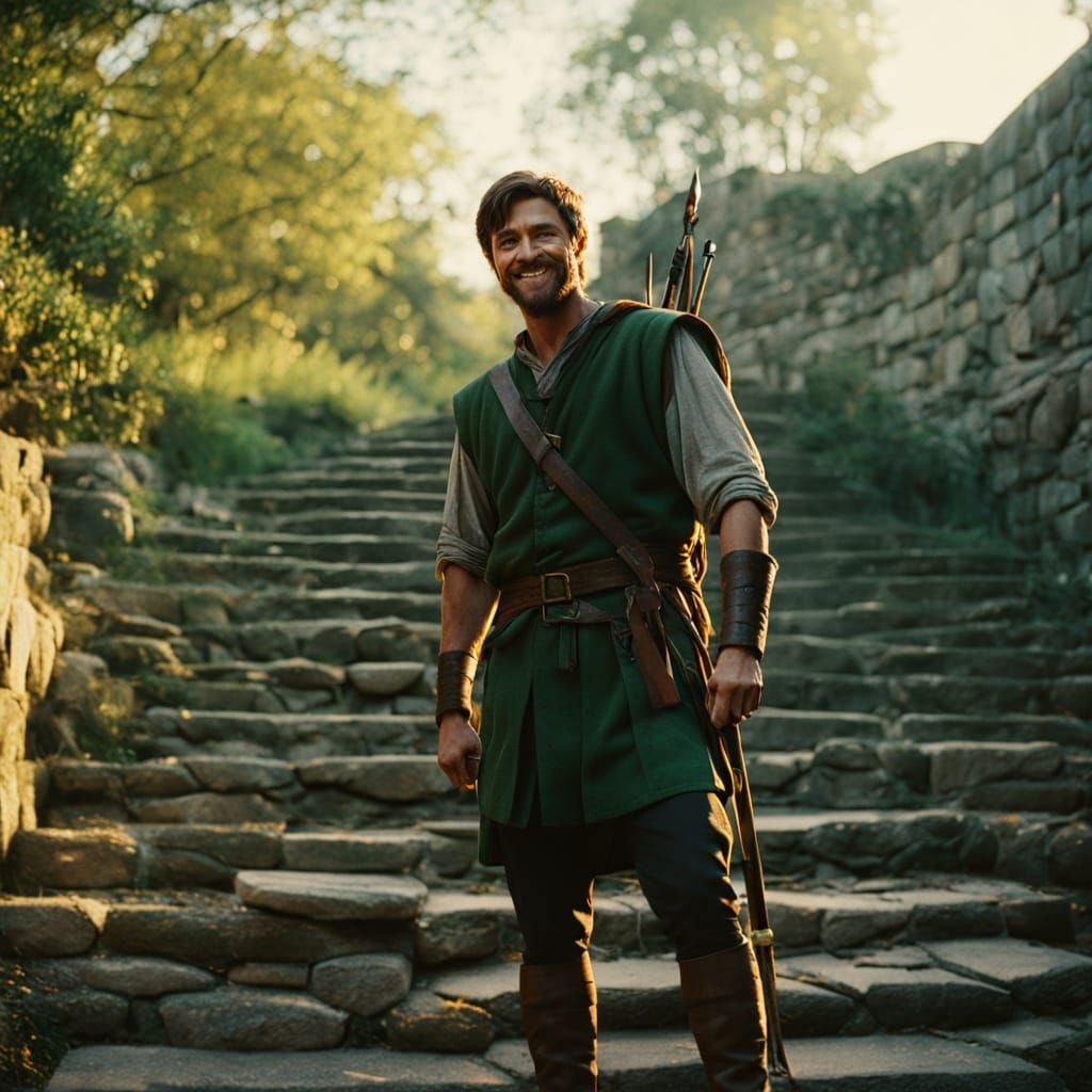 Robin Hood's Heroic Smile: A Cinematic Film Still