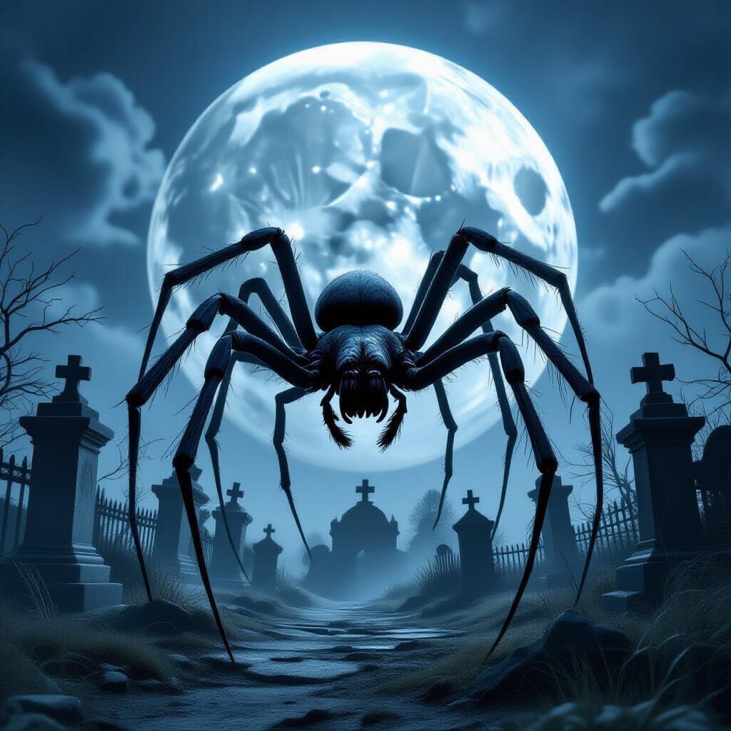 Ghost Spider in Haunted Cemetery Under Full Moon