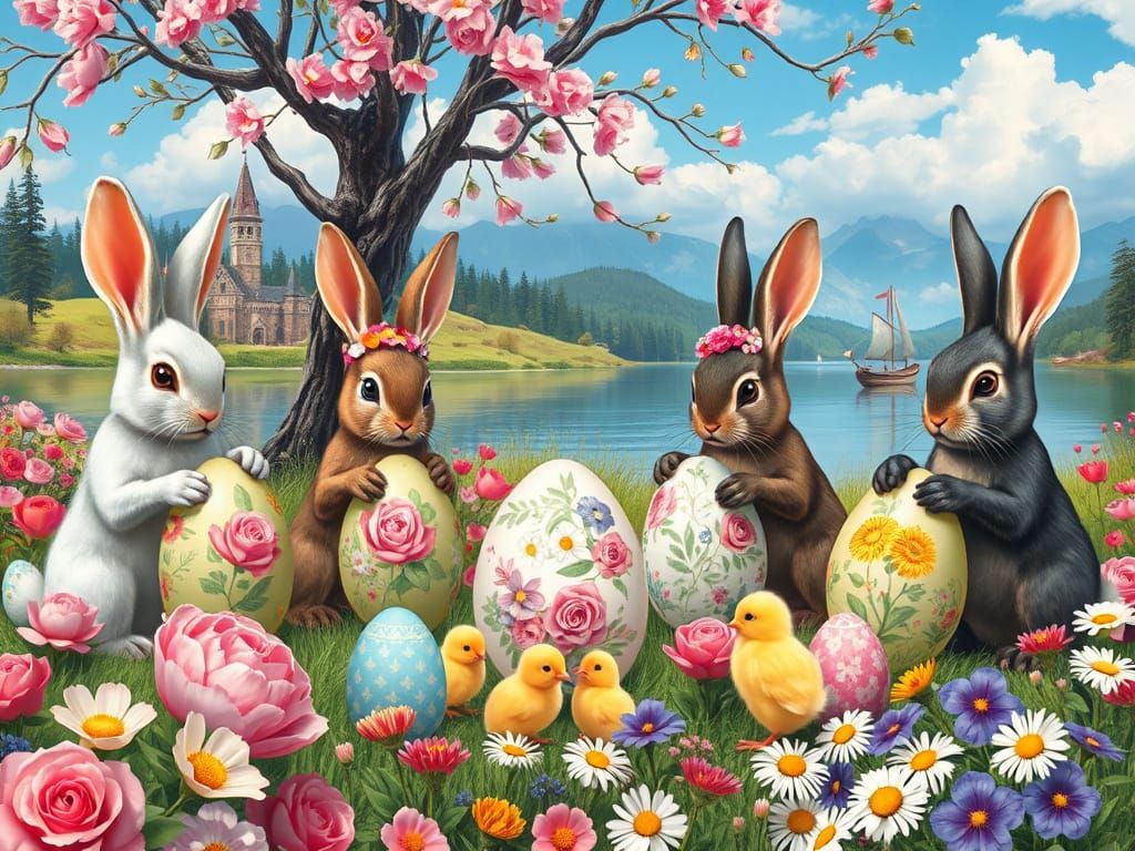Easter Bunnies Painting Eggs in Fantasy Landscape