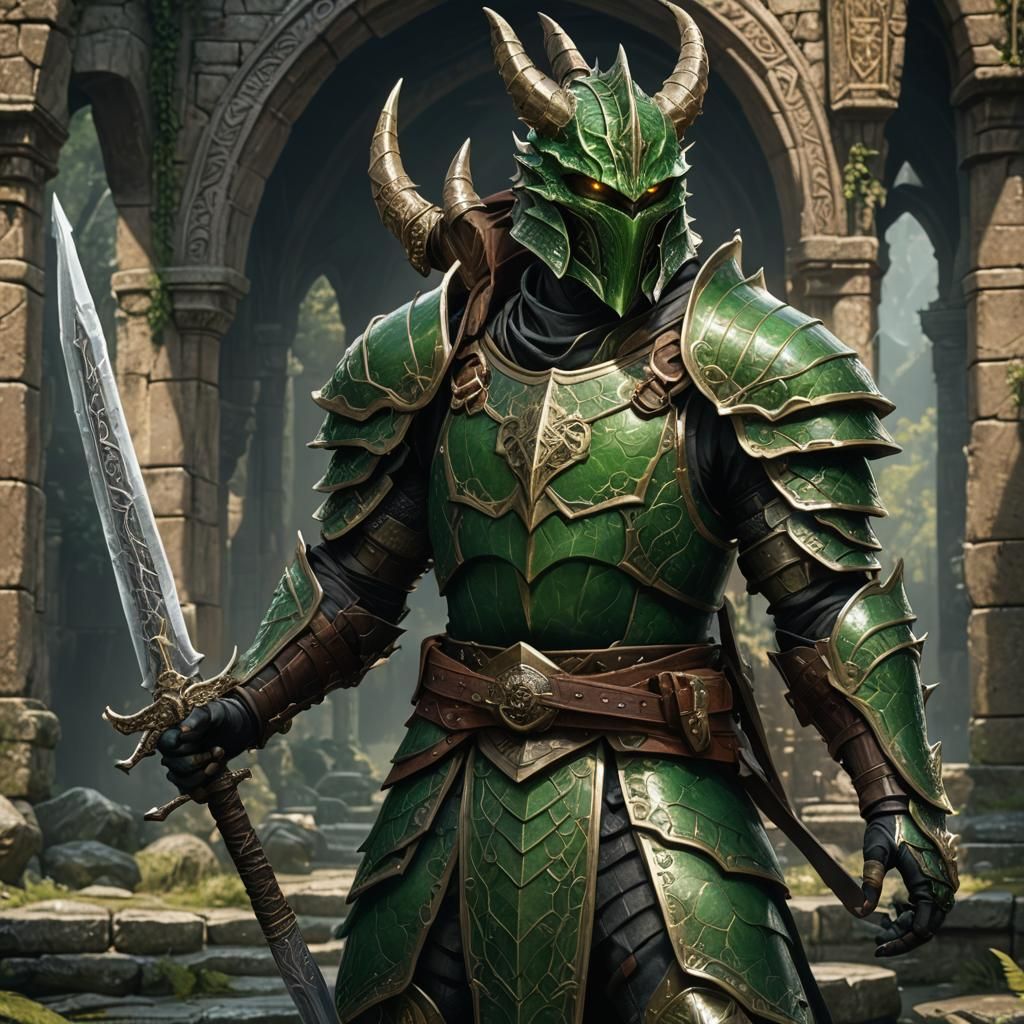 Green Dragonborn Paladin in Detailed Matte Painting