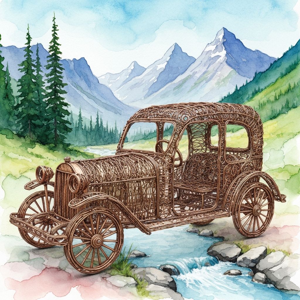 An oldtimer car made out of wire with  intricate copper and bronze wire textures. a watercolor alcohol ink style, with m...