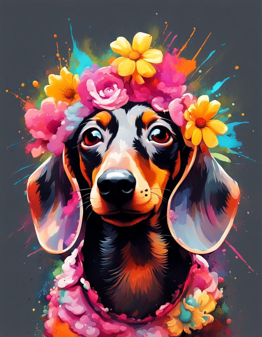 Dachshund with Flower Crown in Graffiti Art Style