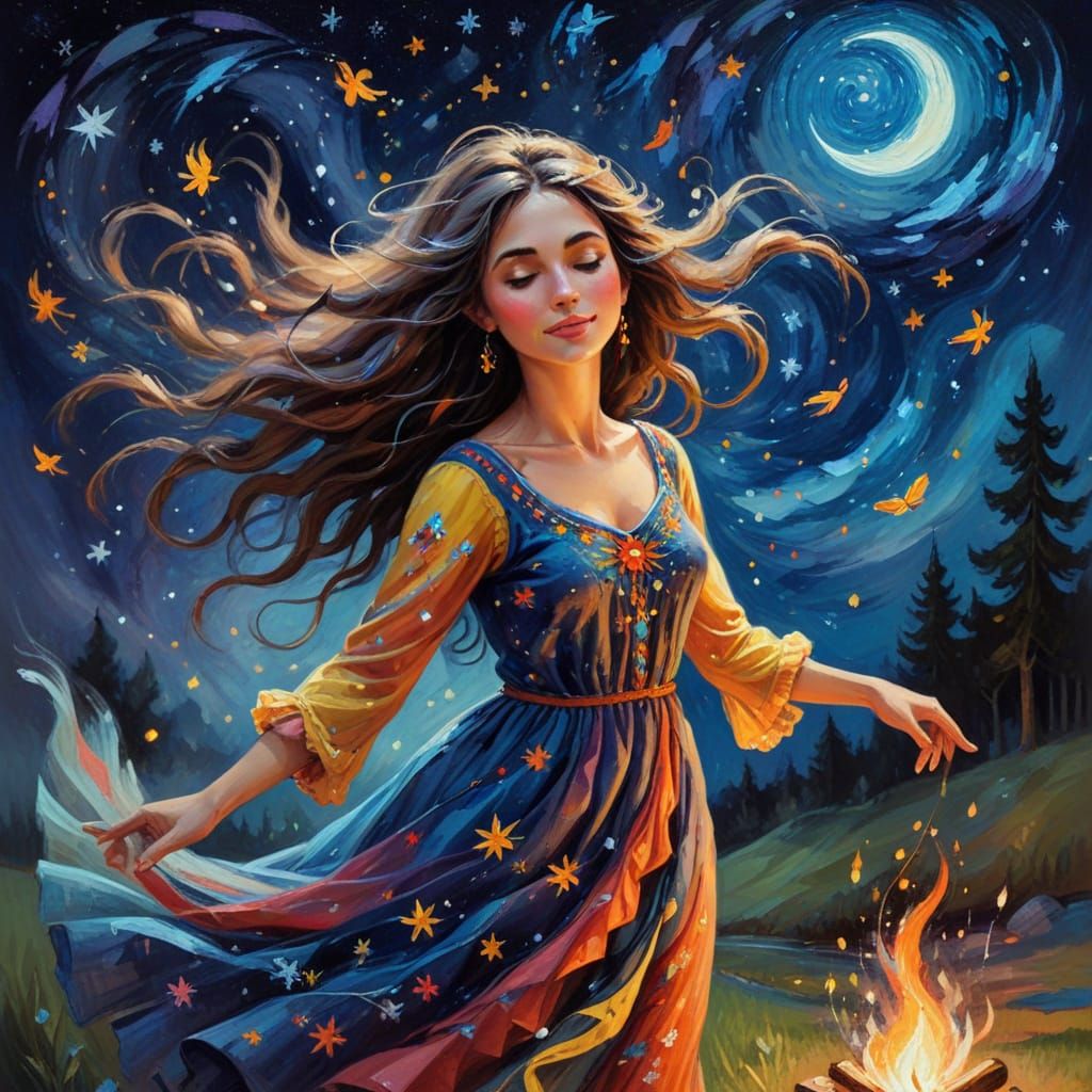 Whimsical Gypsy Woman Dances Under Starry Night Sky