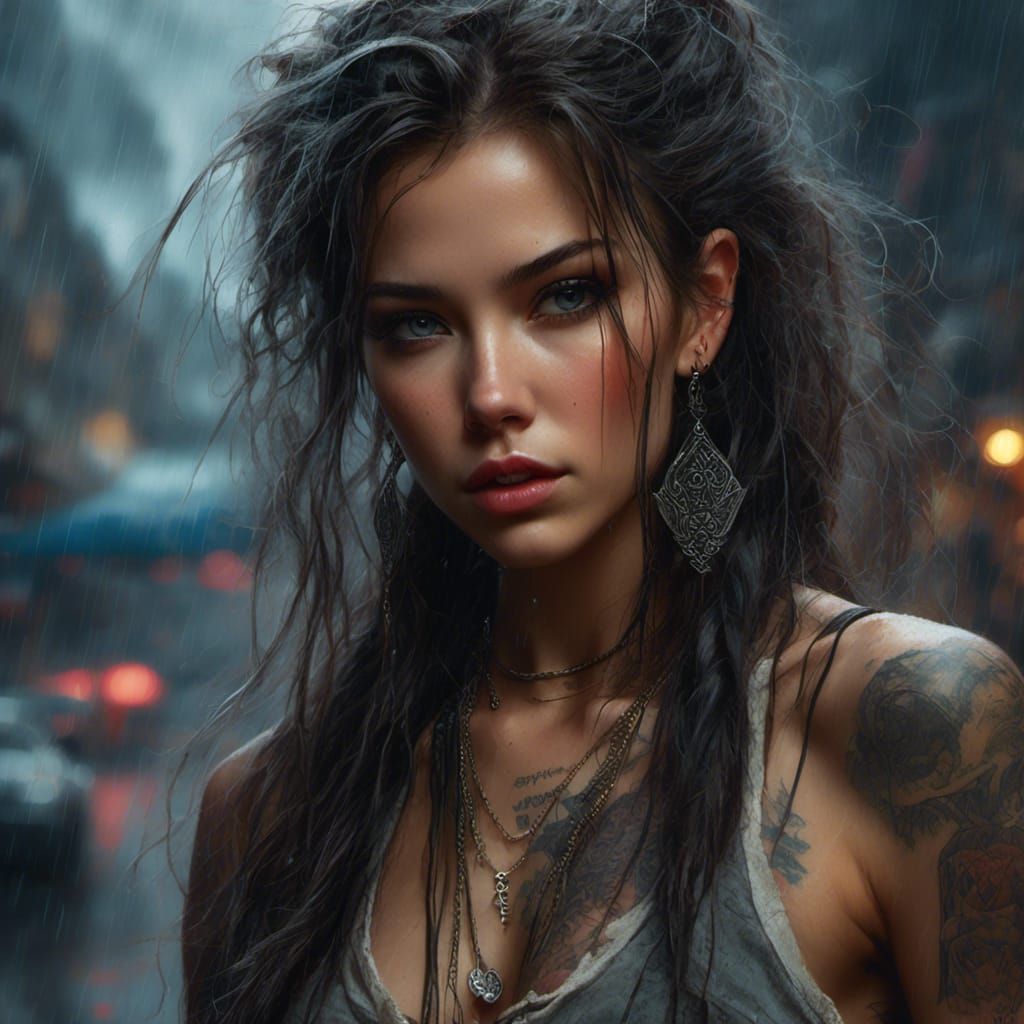 Cyberpunk Tomboy in Rainy Cityscape