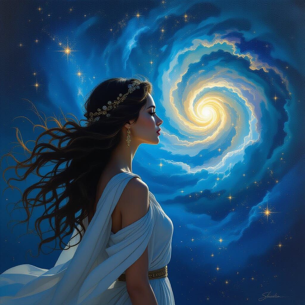 Woman Gazes at Nebula in Mythological Constellations