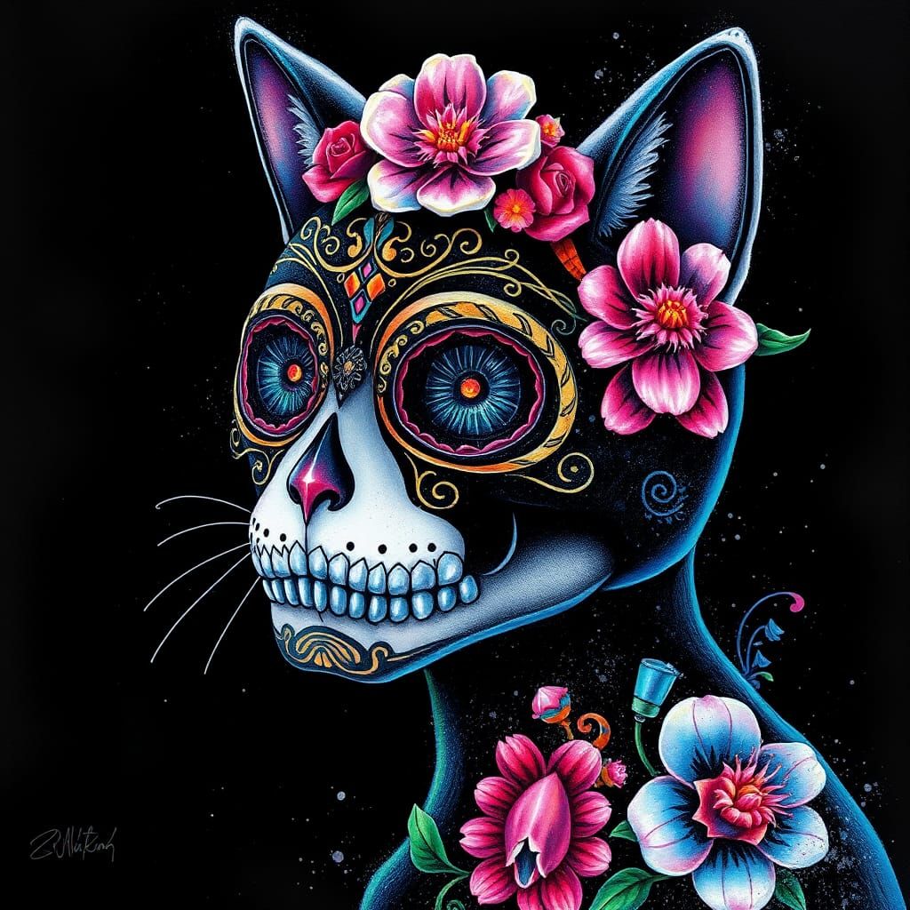 Iridescent Sugar Skull Cat: Día de los Muertos