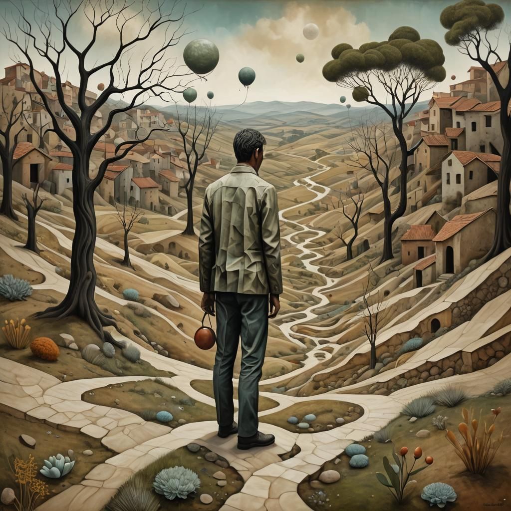 Surreal Humanoid Figure in Dreamlike Landscape