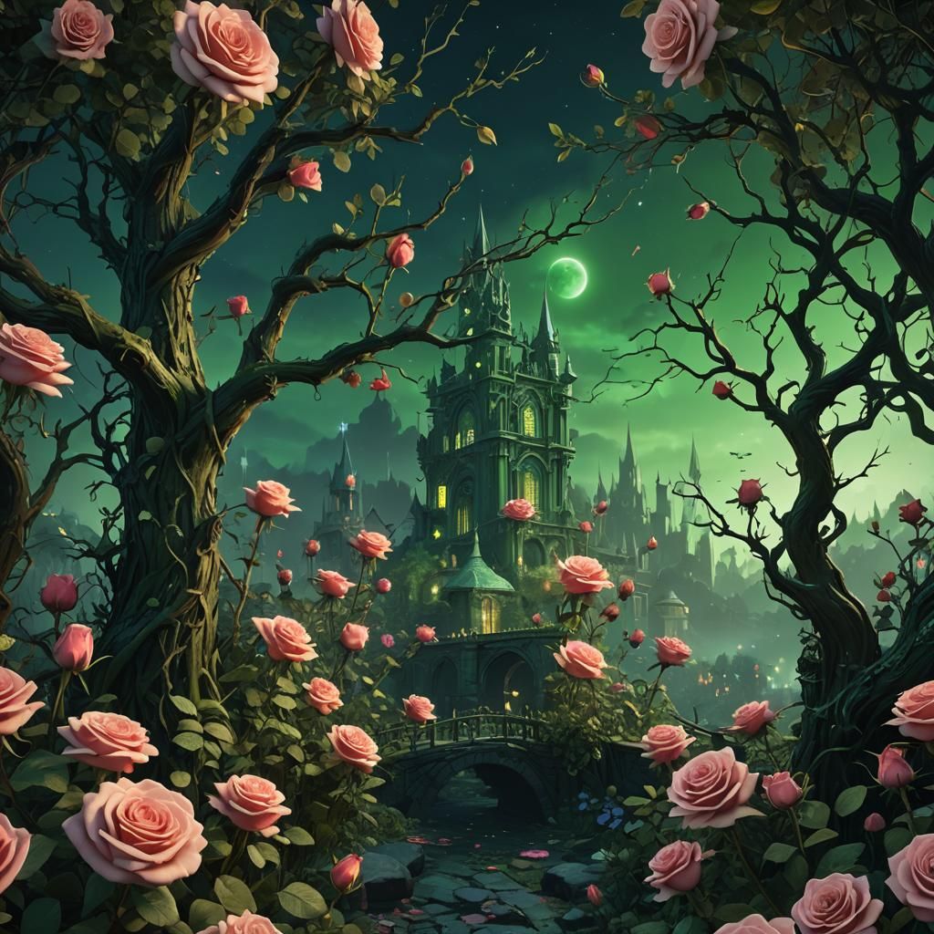 Night Roses in Detailed Matte Painting Style