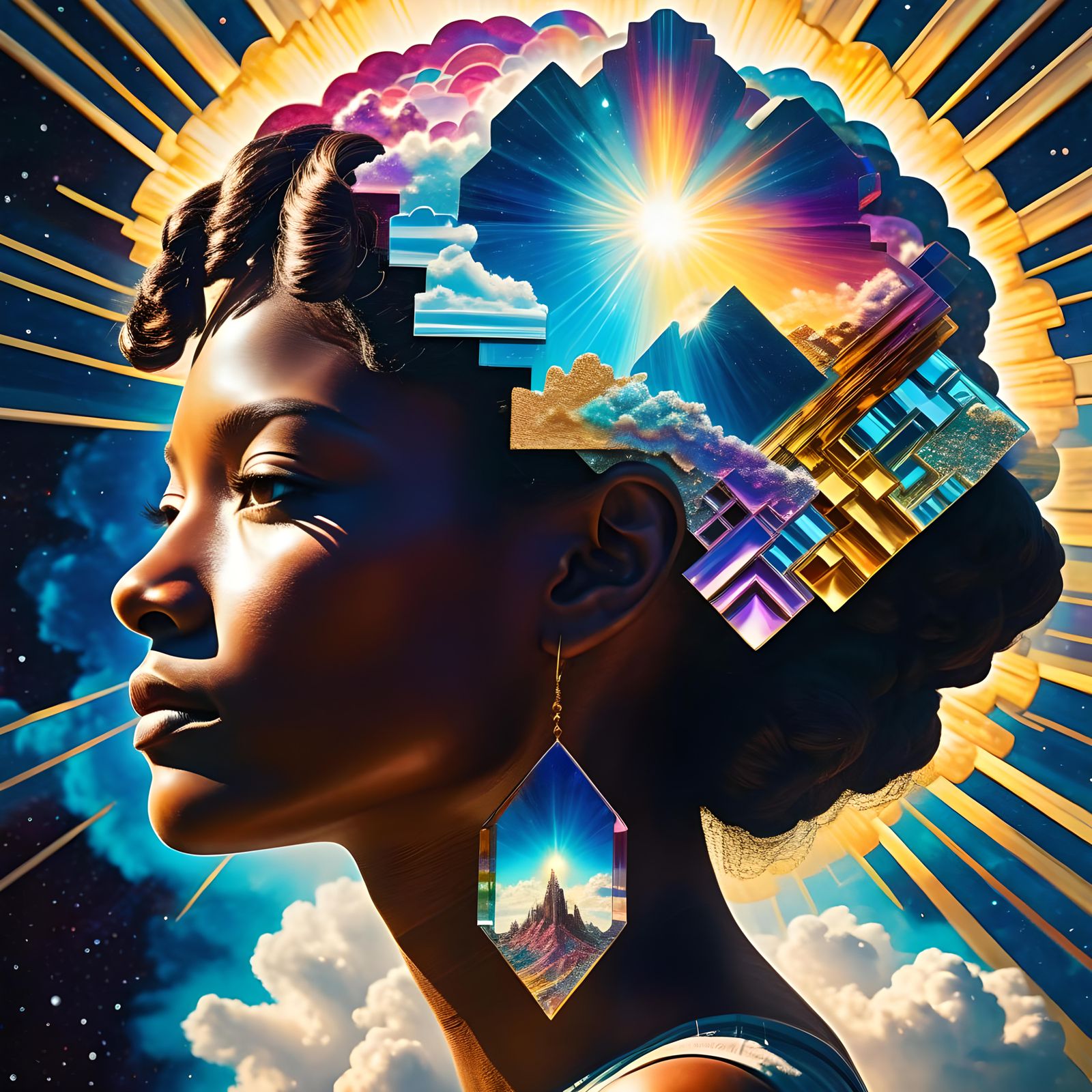 Cosmic Silhouette in Retrofuturist Double Exposure