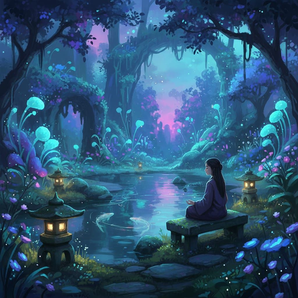 Twilight Garden With Bioluminescent Plants and Meditating Fi...