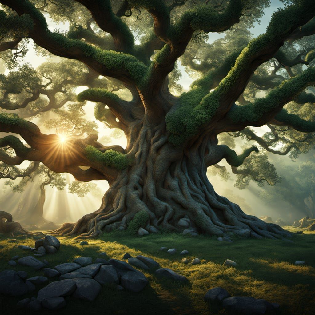 Oak Tree Stands Against Inferno in Art Nouveau Style