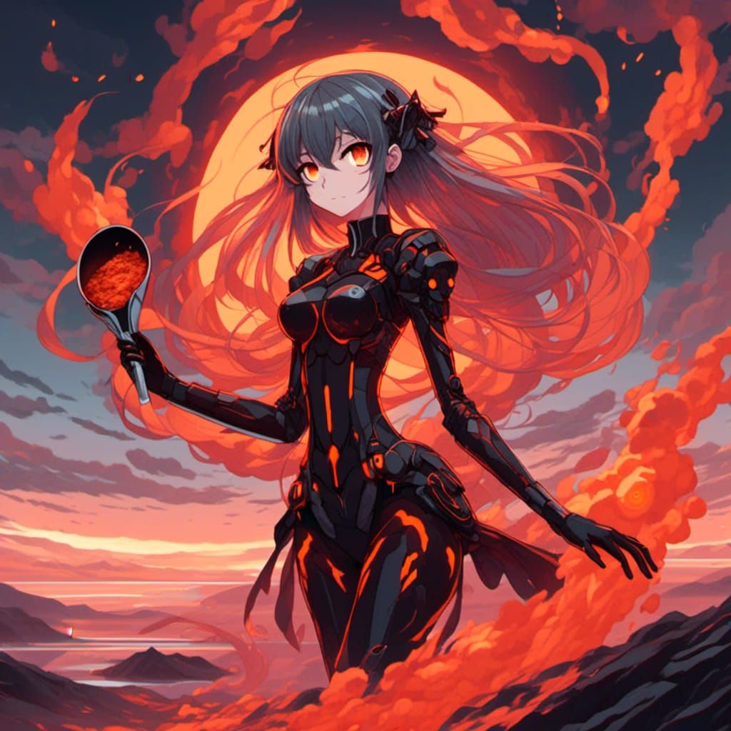 Anime demon lady imagined as a large spoon floating over a lake of lava. Orange, red and black.  <lora:Gridimation:1.0>
