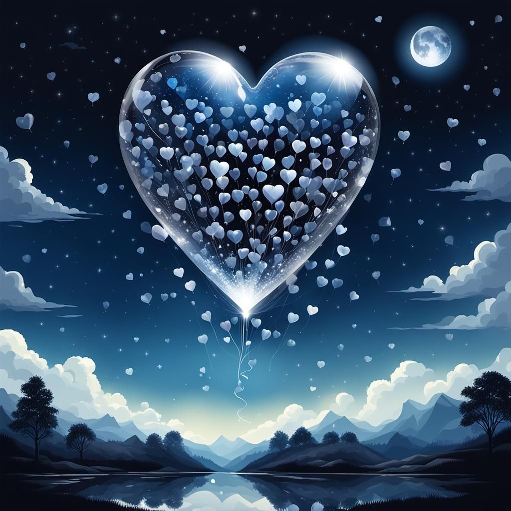 Crystal Heart Balloons Ascend into Sunny Sky