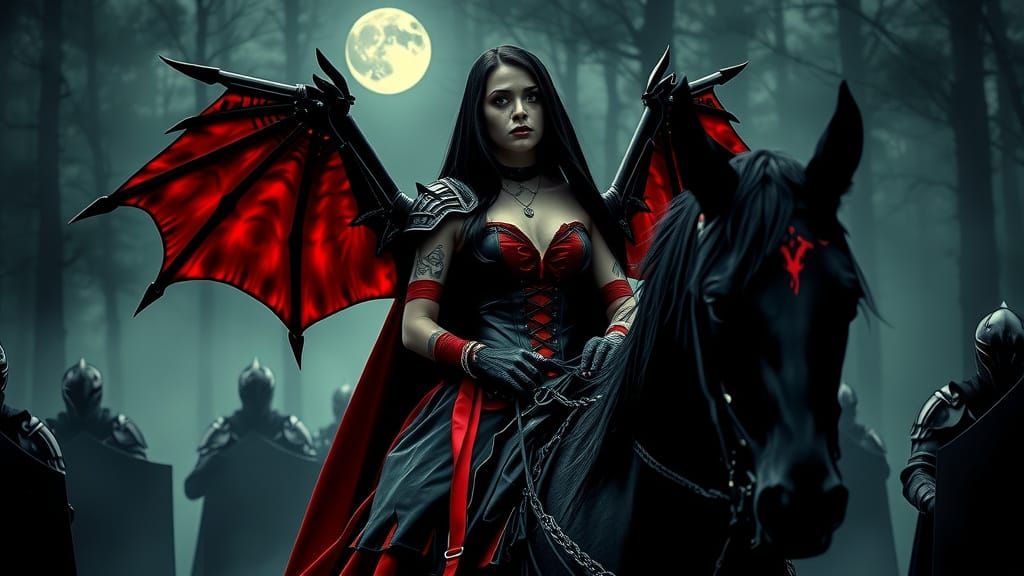 Gothic Vampire Warrior with Demon Wings and Black Knights