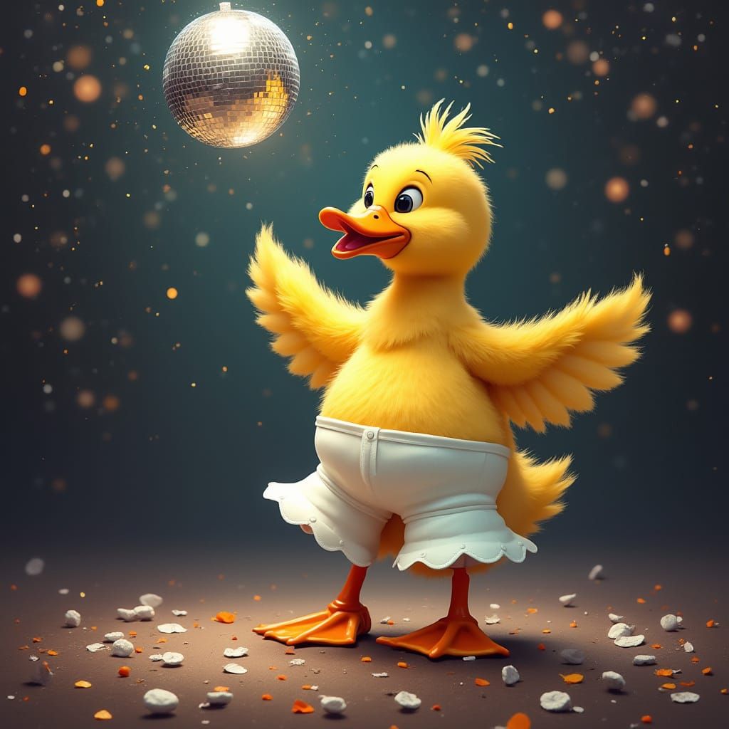 Disco Duck Dancing Under Glittering Disco Ball