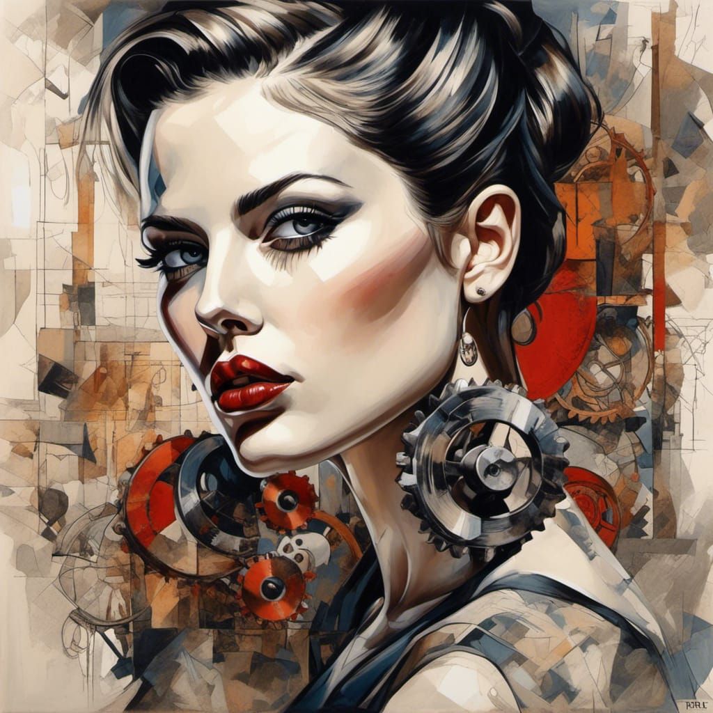 Edgy Punk Cubist Portrait with Gears and Blueprints