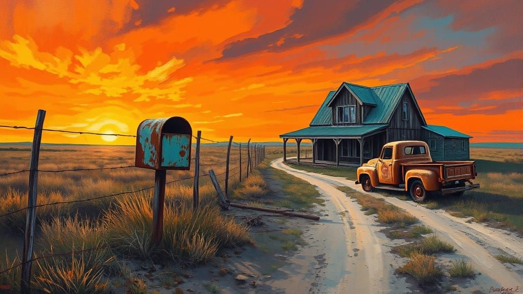 Vibrant Sunset Landscape with Rusty Mailbox and Farmhouse
