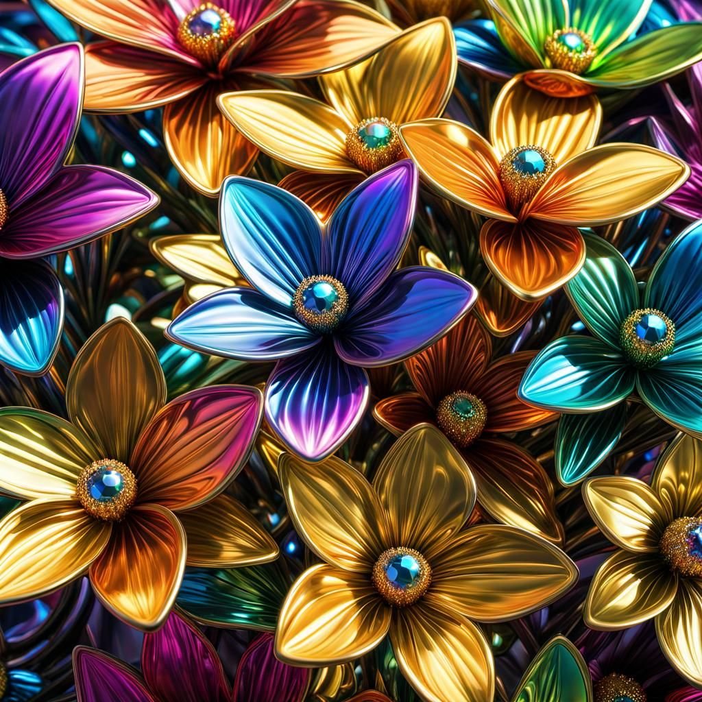Shimmering Mercury Rainbow Metal Flowers in Florescent Light