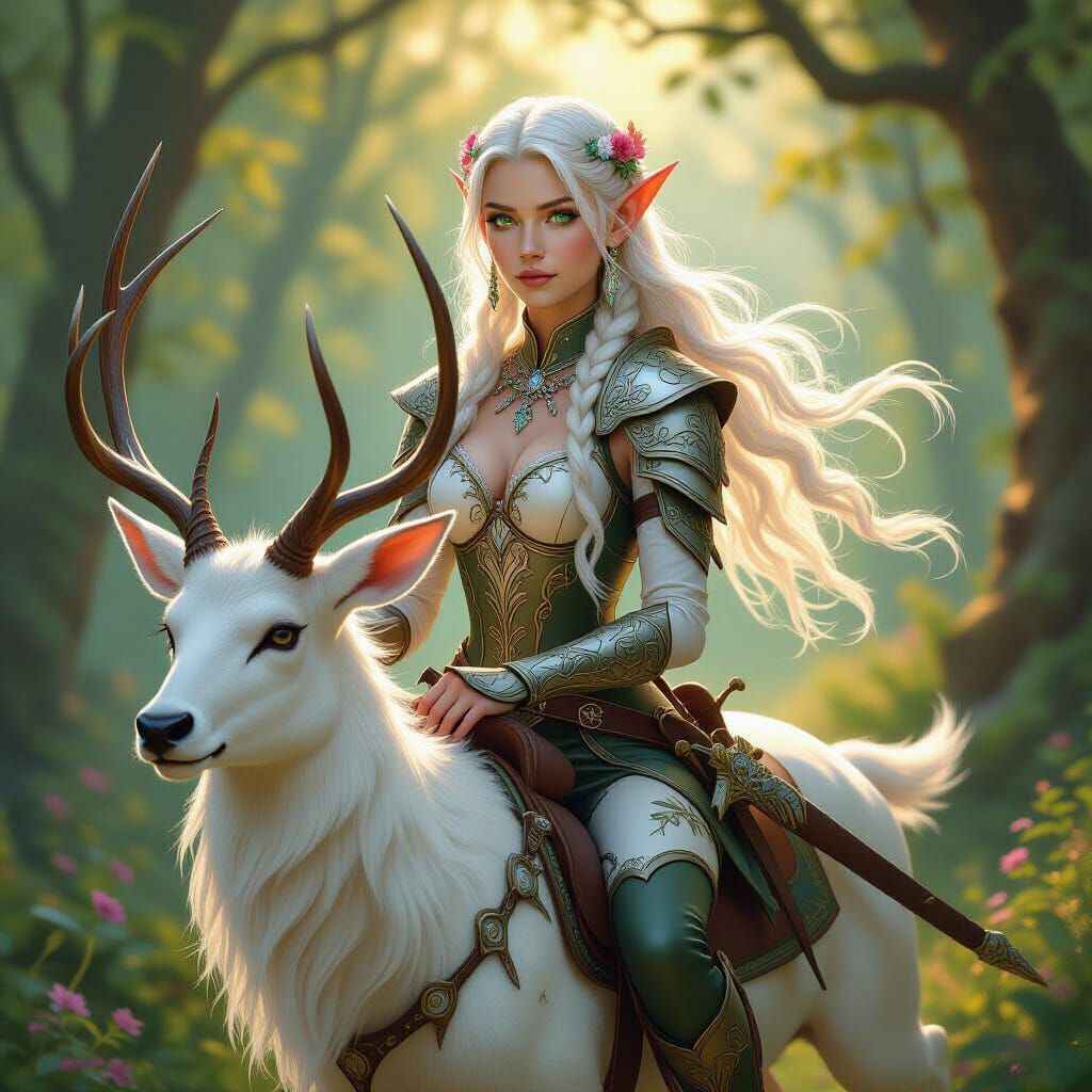 Elven Warrior on Stag in Oil Painting Style