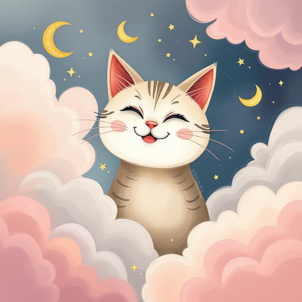 Dreamy Whimsical Cat in Pastel Clouds and Glittering Stars