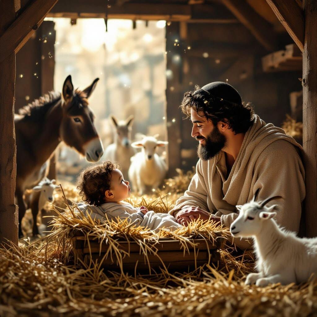 Devoted Jewish Father and Son in Rustic Manger Scene