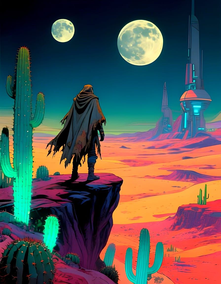 Adventurer Overlooking Alien Desert, Digital Painting