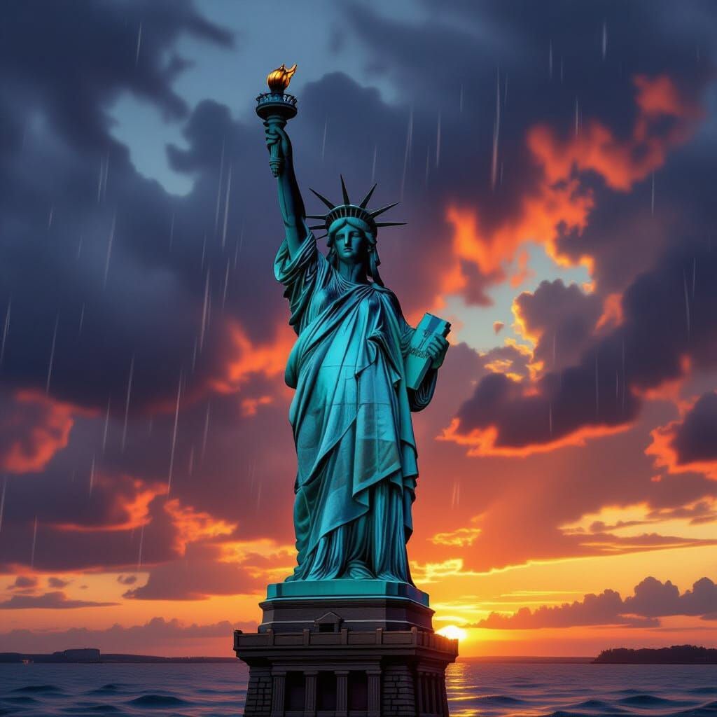 Majestic Bronze Statue of Liberty at Dramatic Sunset