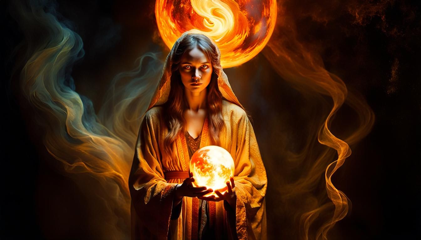 Mystical Woman with Fiery Orb in Symbolist Style