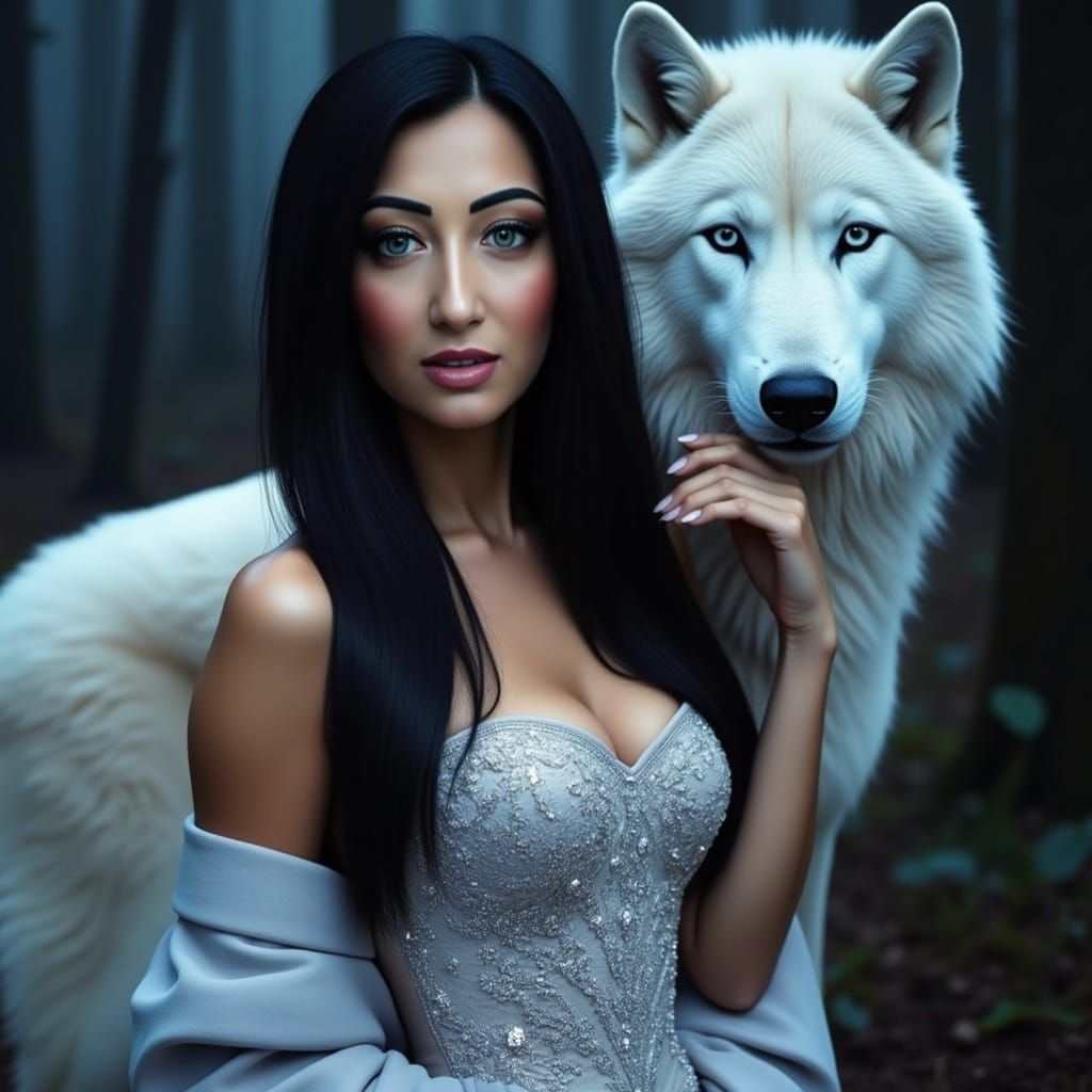 Asian Woman and White Wolf in Dreamlike Forest