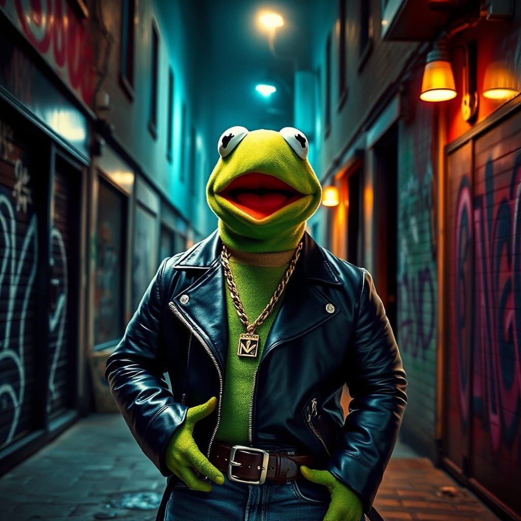 Cyberpunk Frog Gangster in Urban Alleyway