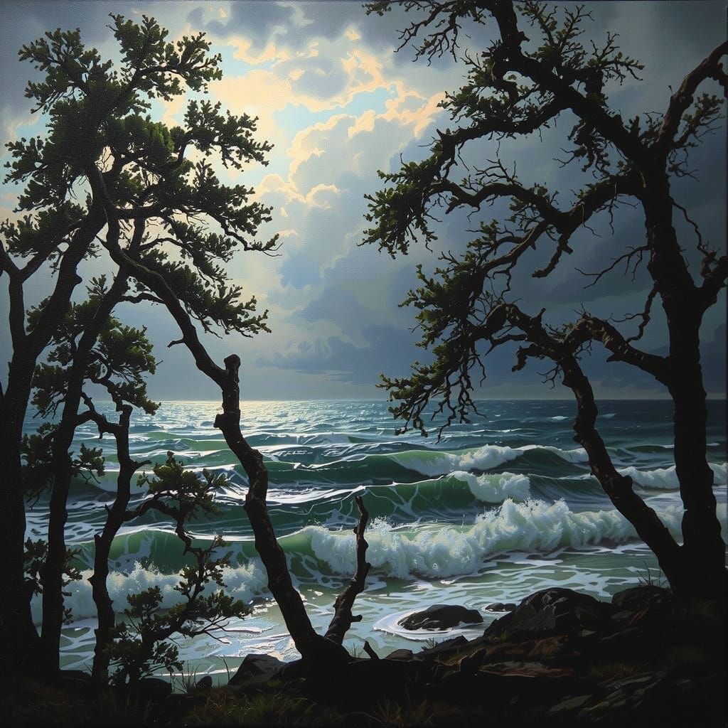 Turbulent Sea with Silhouetted Trees in Oil Painting Style